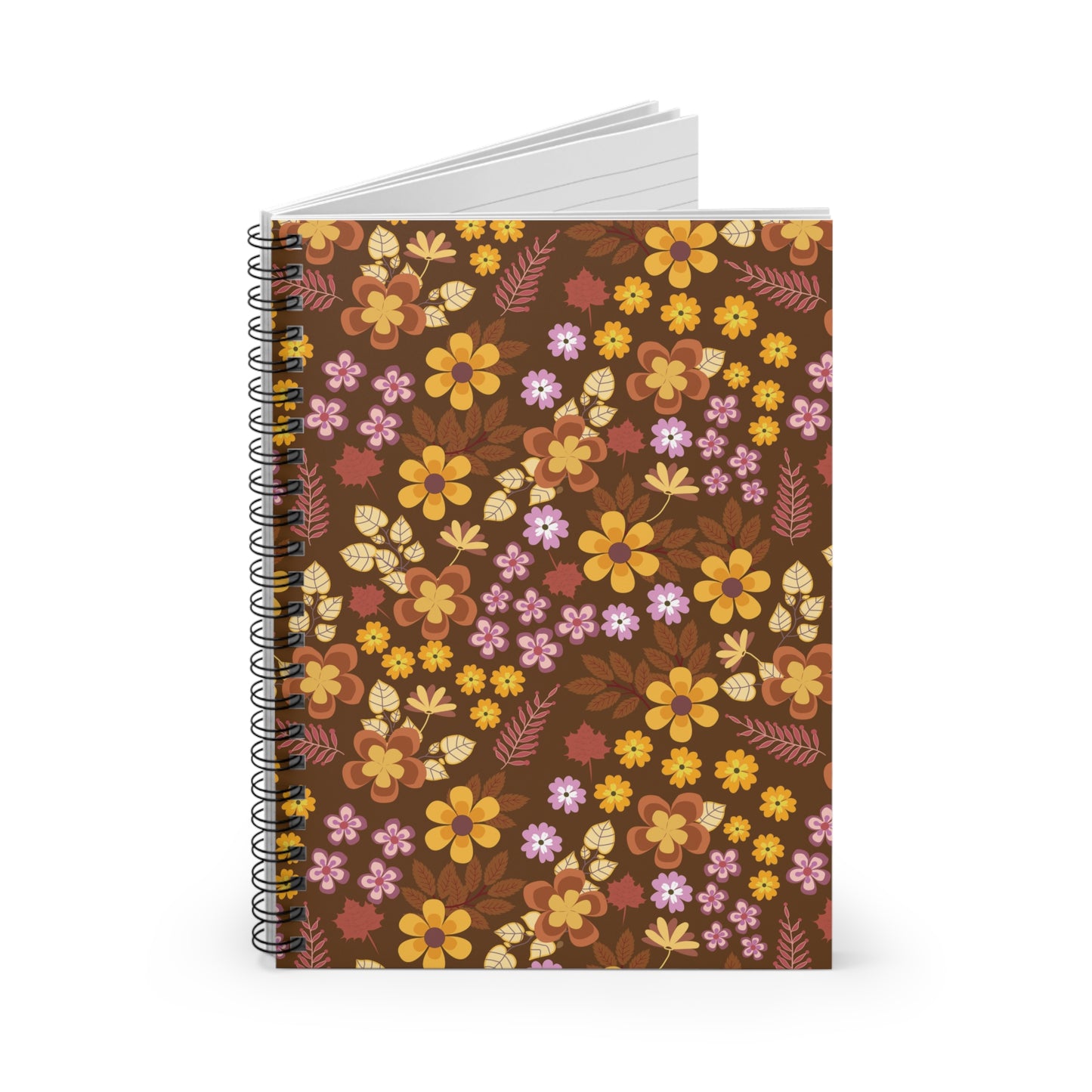 Floral Spiral Notebook featuring vibrant autumnal floral patterns on a dark background, with sleek metal spiral binding. Ideal for creativity and organization, aligning with FireBrook Designs' uplifting, joyful ethos.