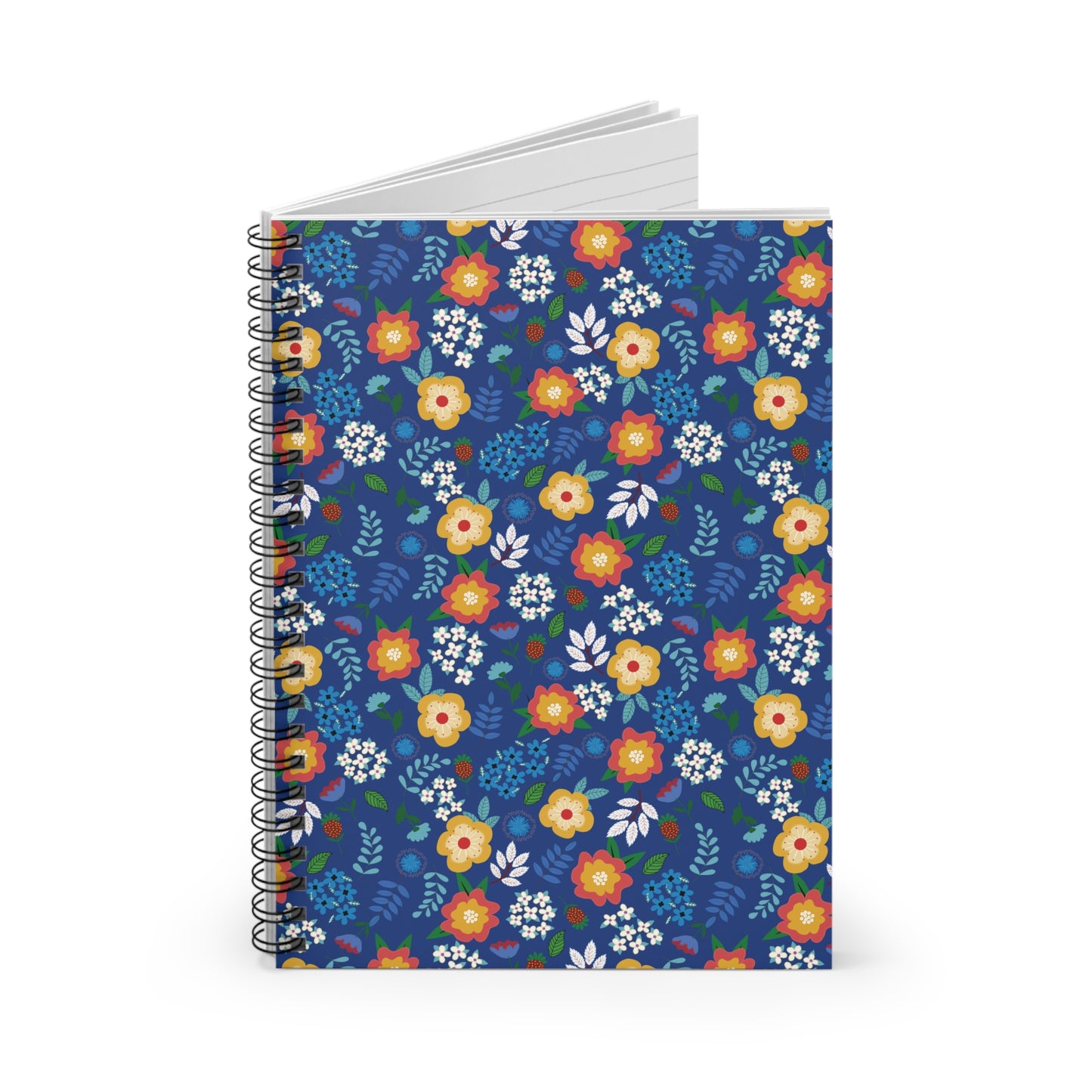 Floral Spiral Notebook with vibrant floral pattern on deep blue cover, partly open to reveal pages. Perfect for creative note-taking, reflecting FireBrook Designs' ethos of style and functionality.