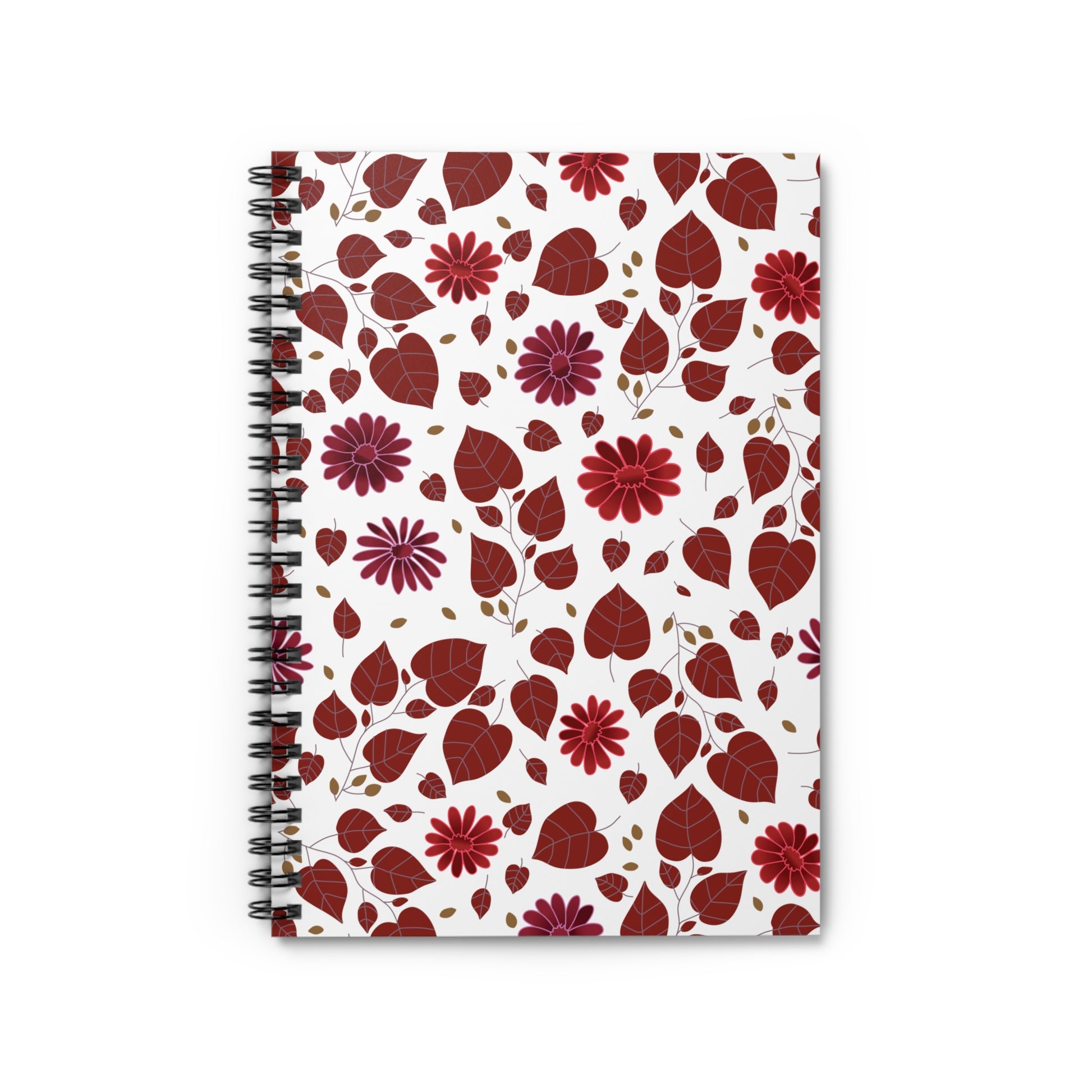 Spiral Notebook, Durable Cover, 6x8: Features a stylish metal spiral and a cover with a repeating pattern of leaves and flowers, ideal for on-the-go note-taking with its compact design.