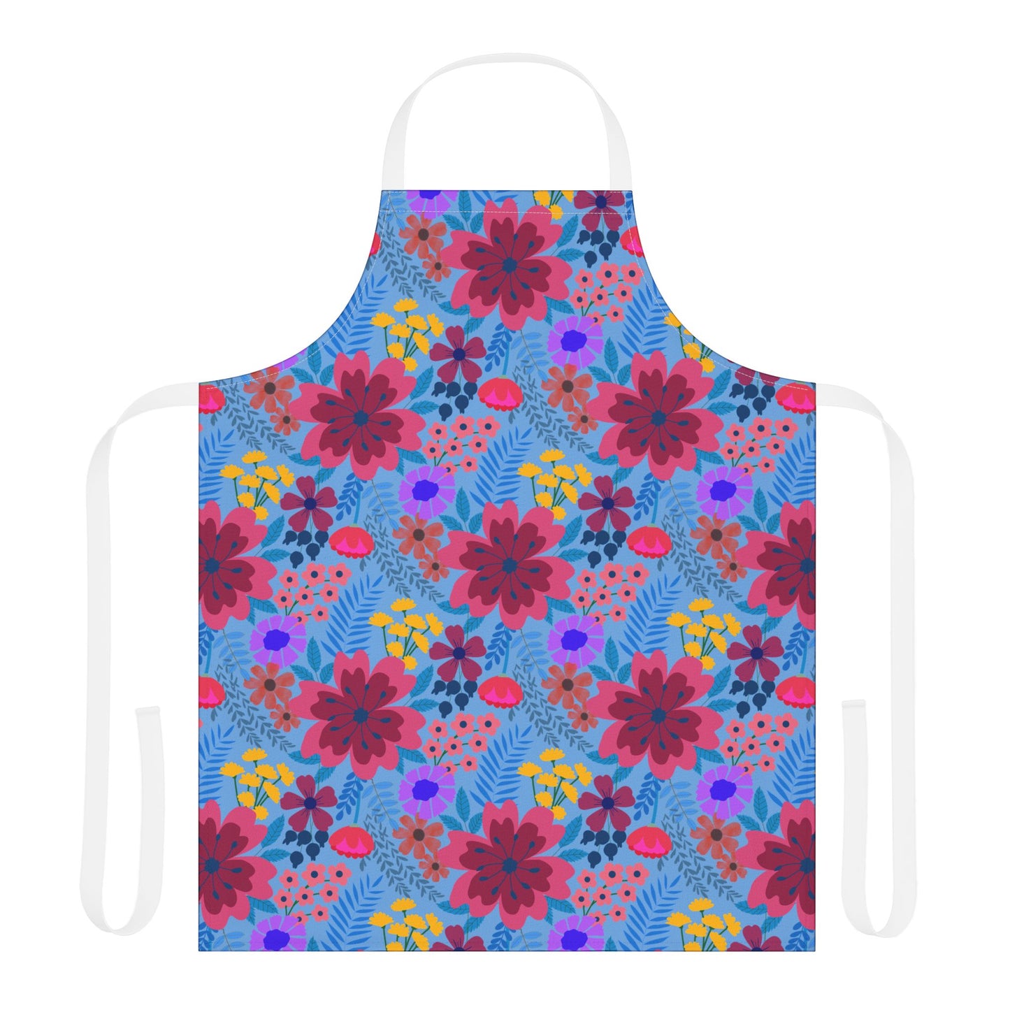 Floral Apron with vibrant magenta, crimson, and purple blooms on blue, featuring a white neck loop and waist ties, crafted from stain-free polyester canvas for comfort and joy in cooking or crafting.