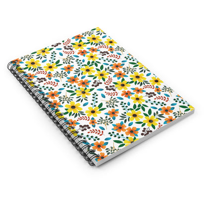 Floral Spiral Notebook featuring a vibrant pattern of yellow and orange blossoms with green leaves, ideal for creative expression and organization. Perfect for students, professionals, and gift-giving.