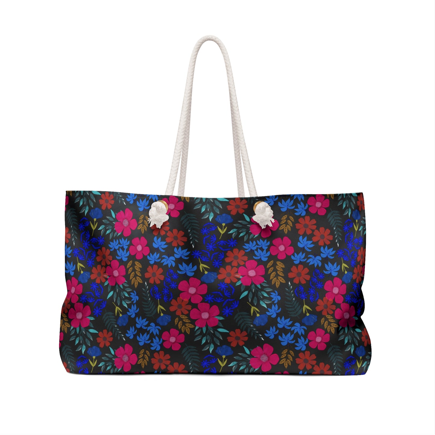 Weekender Bag with vibrant floral pattern, featuring off-white rope handles and a spacious design, ideal for stylish travel.