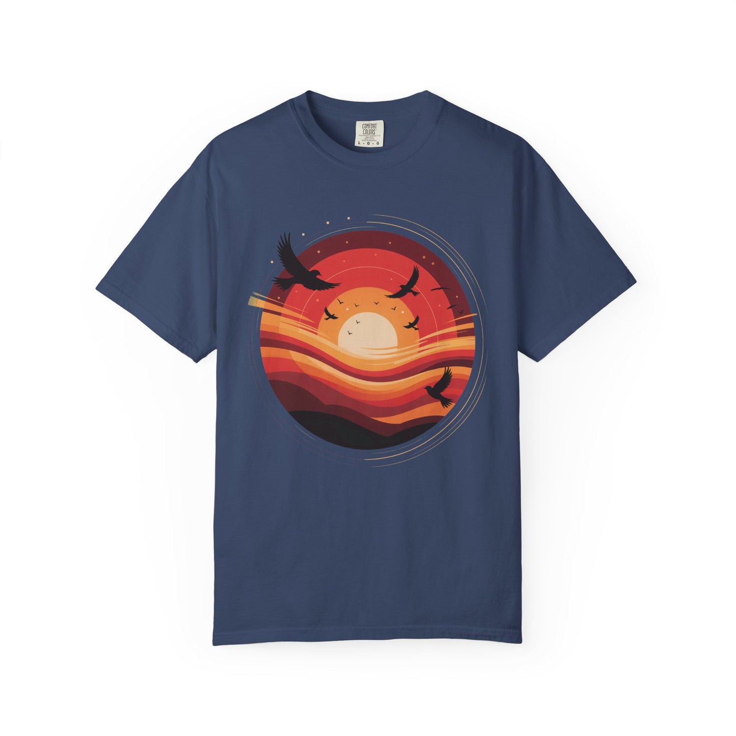 Sunset Energy Abstract T-Shirt featuring bold, layered sunset hues with silhouetted birds and a hazy landscape, embodying vibrant energy and comfort, ideal for casual summer wear.