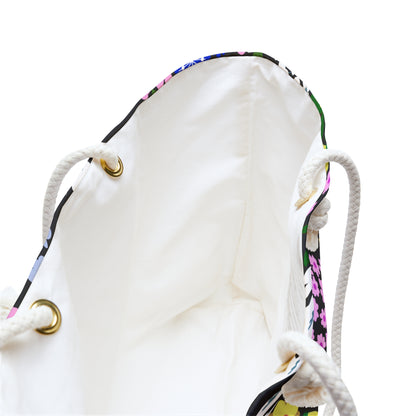 Weekender Bag with a spacious white-lined interior, featuring a vibrant floral trim and sturdy braided rope handles, designed for stylish travel and ample storage. Ideal for joyful getaways.