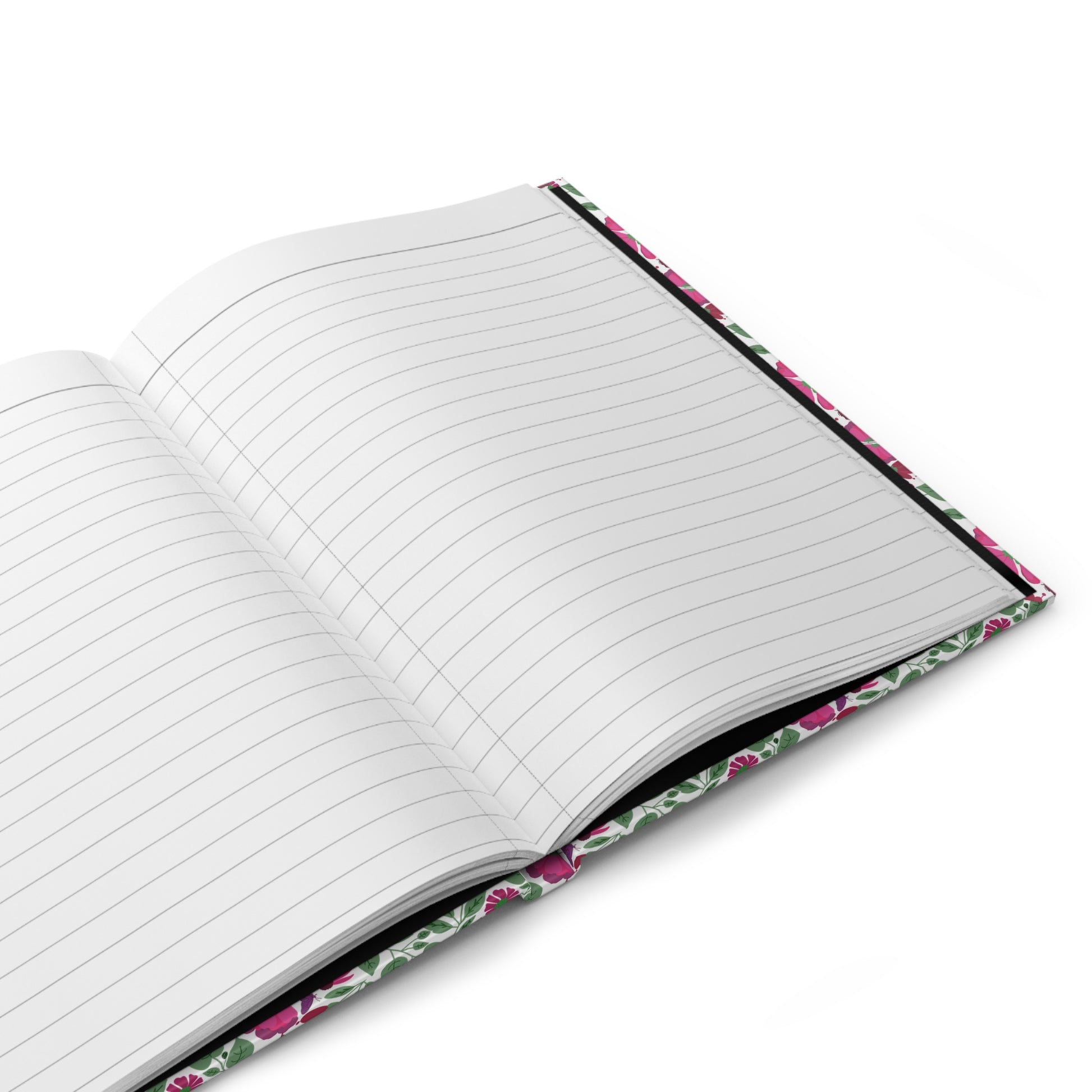 HARDCOVER JOURNAL, MATTE, RULED, 5X7, SEWN BIND, CLEAN-TEAR PAGES – ROSE GARDEN: Open floral-patterned journal with lined, perforated pages, ideal for flexible writing and easy page removal, reflecting FireBrook Designs' vibrant, uplifting style.
