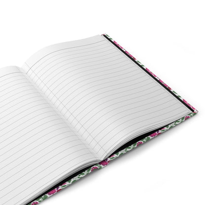 HARDCOVER JOURNAL, MATTE, RULED, 5X7, SEWN BIND, CLEAN-TEAR PAGES – ROSE GARDEN: Open floral-patterned journal with lined, perforated pages, ideal for flexible writing and easy page removal, reflecting FireBrook Designs' vibrant, uplifting style.