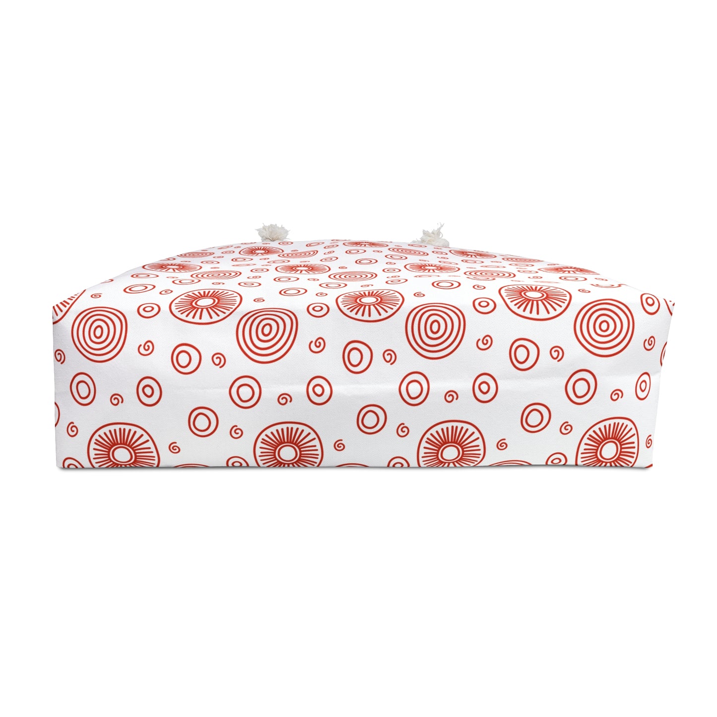 Weekender Bag - Red Swirls and Circles Design: A stylish accessory crafted from durable spun polyester, featuring intricate red circle patterns. Perfect for travel with rope handles for easy carrying, embodying FireBrook Essentials' uplifting style.