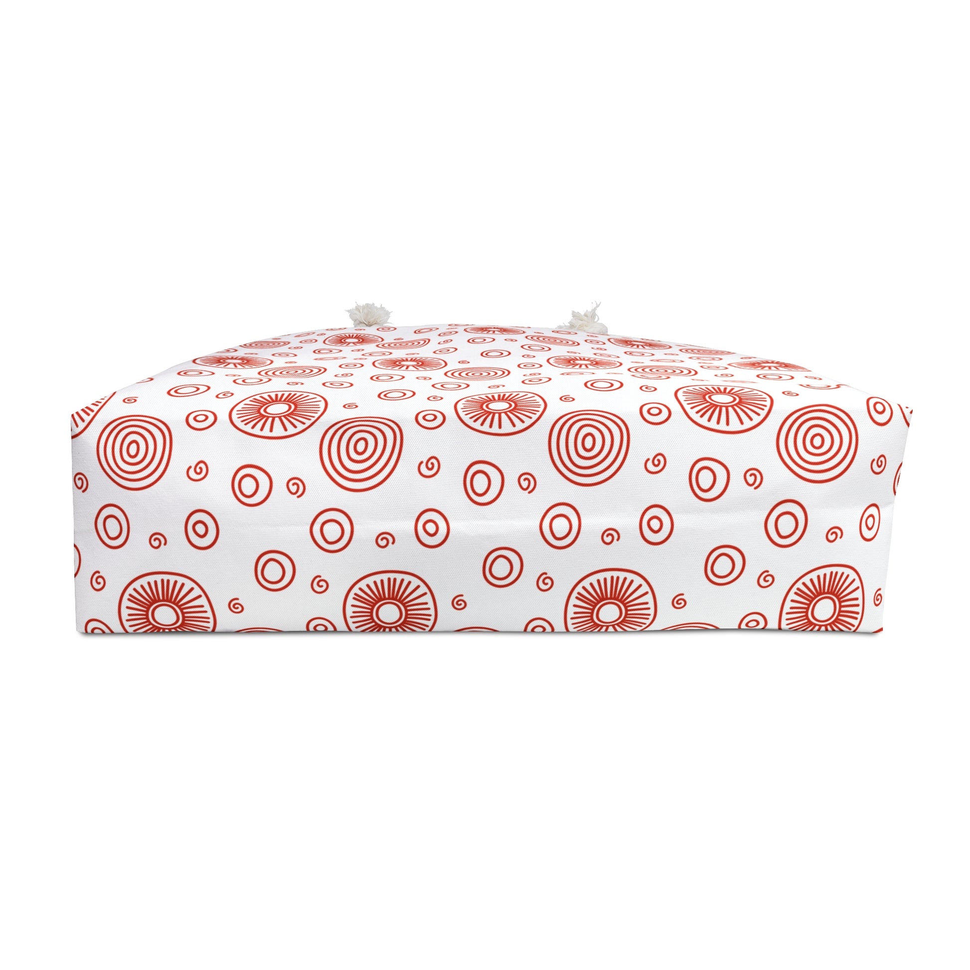 Weekender Bag - Red Swirls and Circles Design: A stylish accessory crafted from durable spun polyester, featuring intricate red circle patterns. Perfect for travel with rope handles for easy carrying, embodying FireBrook Essentials' uplifting style.