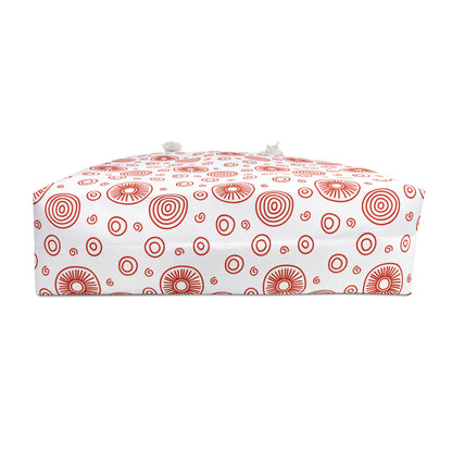 Weekender Bag - Red Swirls and Circles Design: A stylish accessory crafted from durable spun polyester, featuring intricate red circle patterns. Perfect for travel with rope handles for easy carrying, embodying FireBrook Essentials' uplifting style.