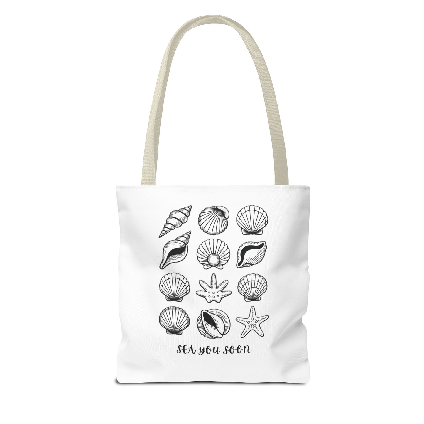 Sea Shells Tote Bag featuring a beach-inspired design, durable polyester fabric, and reinforced stitching. Perfect for seaside trips, this tote exemplifies FireBrook Essentials' blend of style and functionality for joyful living.