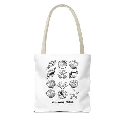 Sea Shells Tote Bag featuring a beach-inspired design, durable polyester fabric, and reinforced stitching. Perfect for seaside trips, this tote exemplifies FireBrook Essentials' blend of style and functionality for joyful living.