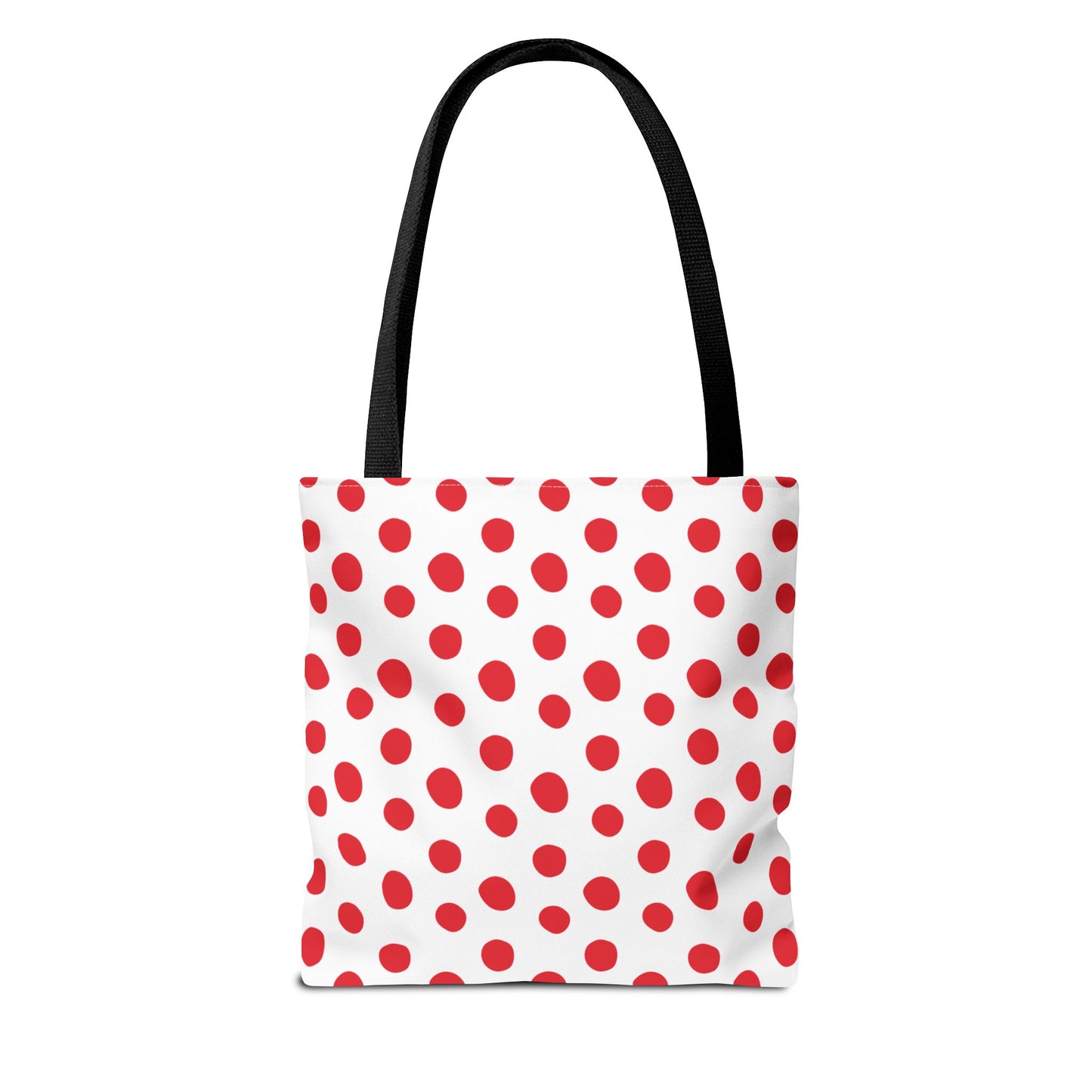 Red Polka Dots Tote Bag features a playful design with red polka dots and black handles. Ideal for daily use or special occasions, it combines style and practicality with durable polyester and reinforced stitching.