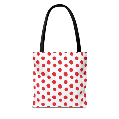 Red Polka Dots Tote Bag features a playful design with red polka dots and black handles. Ideal for daily use or special occasions, it combines style and practicality with durable polyester and reinforced stitching.