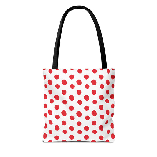 Red Polka Dots Tote Bag features a playful design with red polka dots and black handles. Ideal for daily use or special occasions, it combines style and practicality with durable polyester and reinforced stitching.