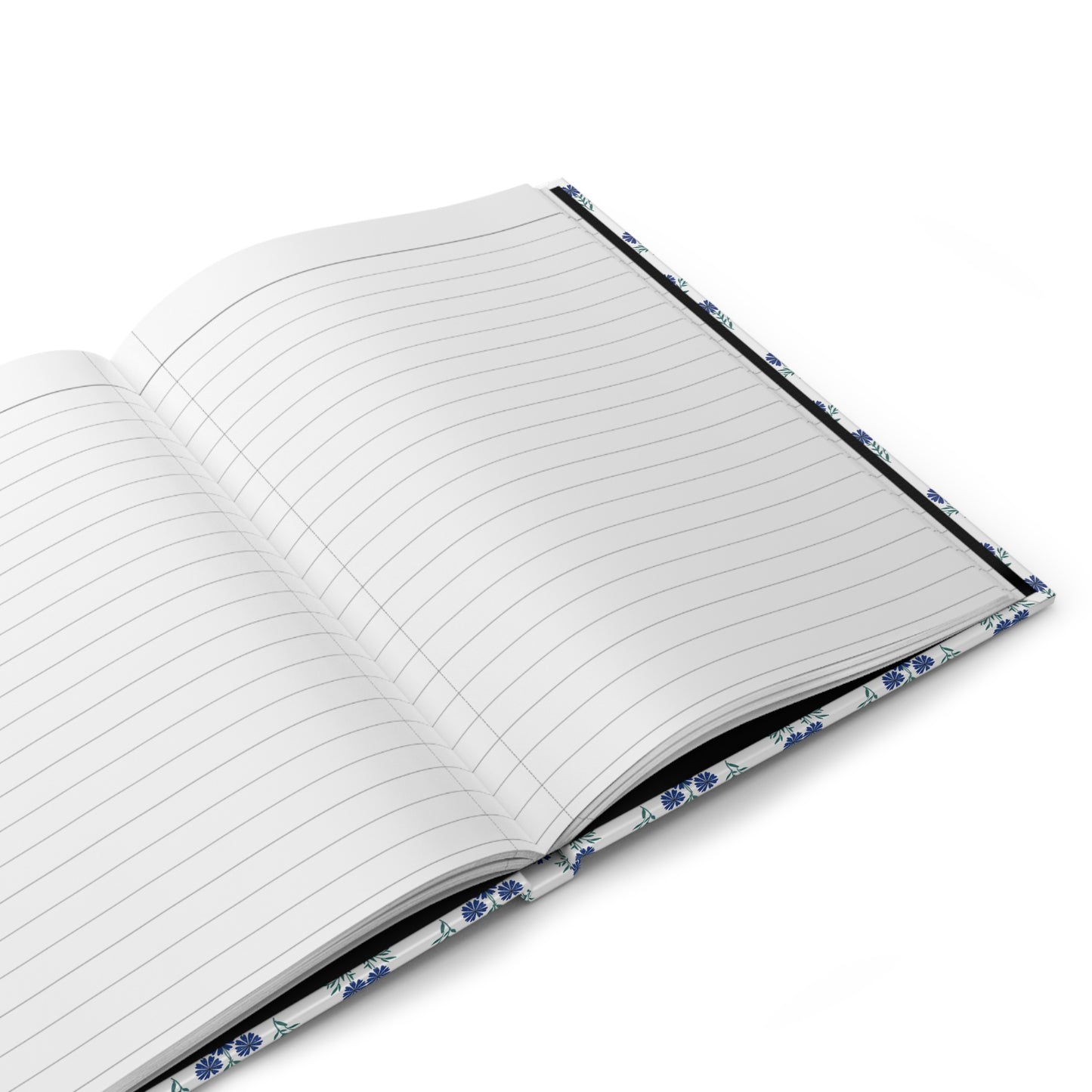 HARDCOVER JOURNAL, MATTE, RULED, 5x7, SEWN BIND, CLEAN-TEAR PAGES – INDIGO DAISY: Open notebook with lined pages, sleek white and blue-flower cover, ideal for joyful, stylish note-taking.