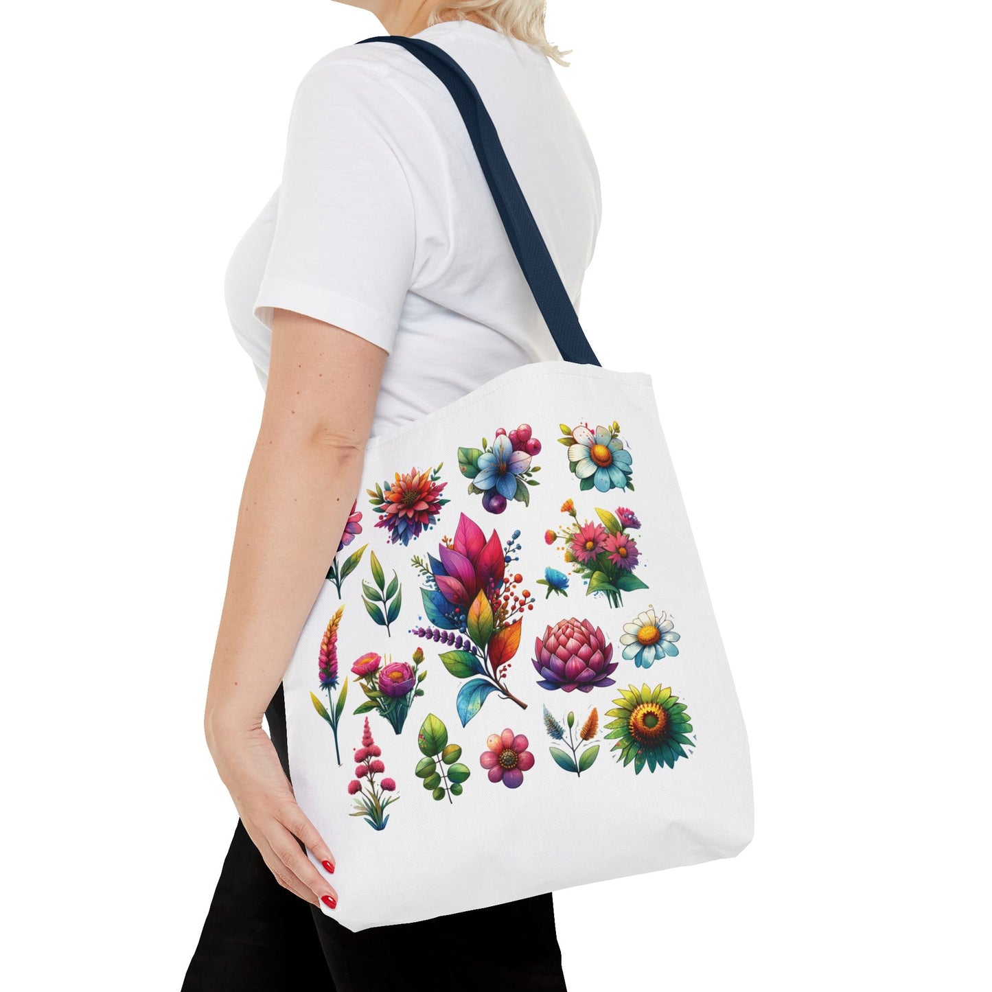 Floral Tote Bag featuring a vibrant flower design, carried by a woman, ideal for everyday essentials and showcasing stylish, nature-inspired elegance.