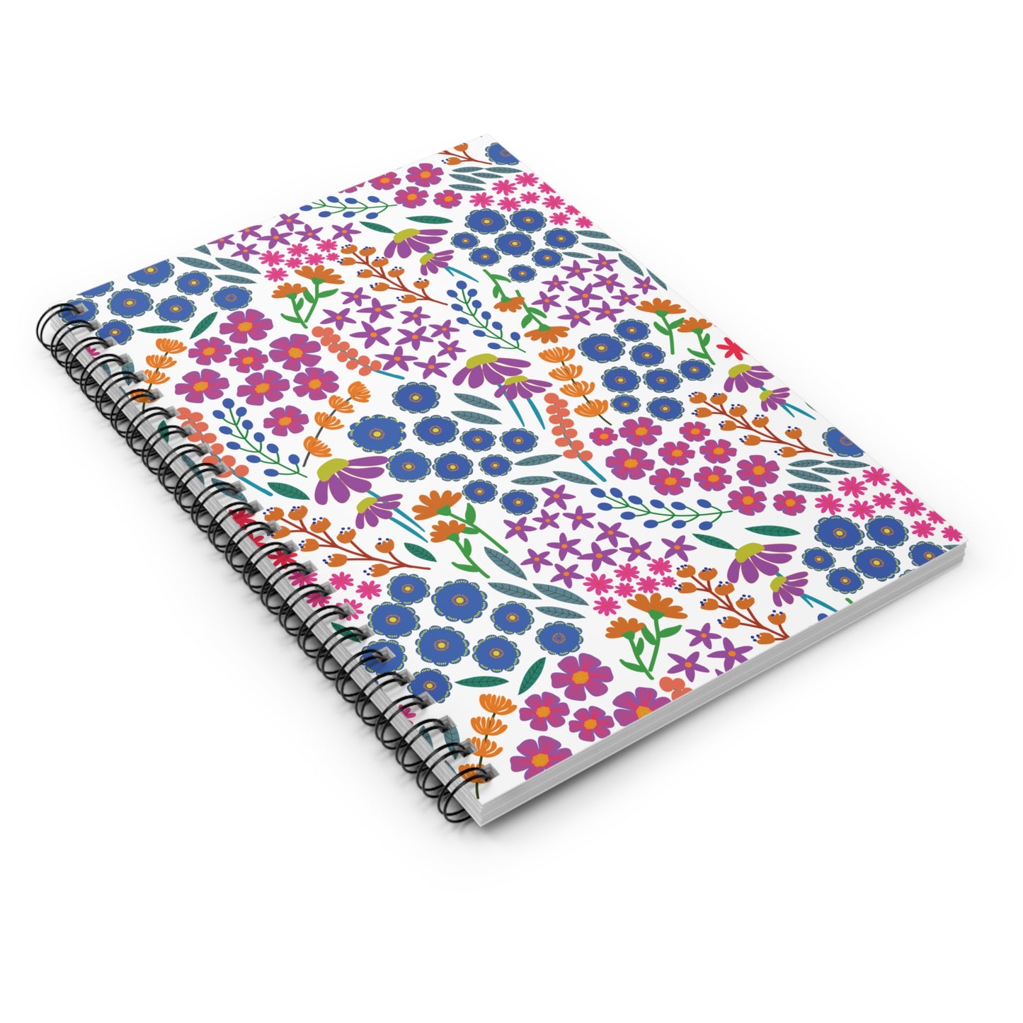 Floral Spiral Notebook featuring a vibrant floral cover design with blue, pink, purple, and orange flowers, complemented by a durable black twin-loop binding, perfect for creative expression and organization.