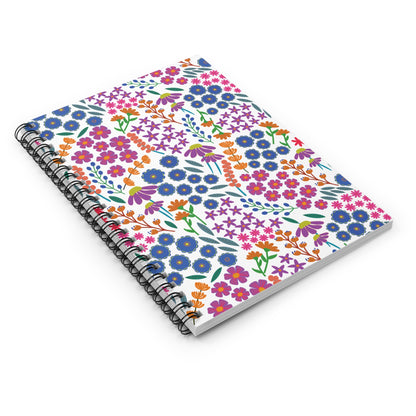 Floral Spiral Notebook featuring a vibrant floral cover design with blue, pink, purple, and orange flowers, complemented by a durable black twin-loop binding, perfect for creative expression and organization.