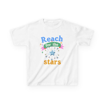 Reach For The Stars Youth Gildan Unisex T-Shirt featuring colorful text and star motifs, ideal for young dreamers. Perfect for casual wear, it embodies adventure and inspiration.