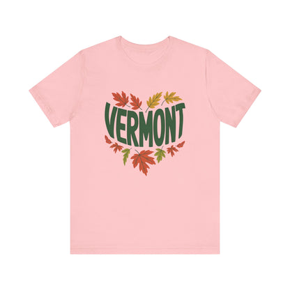 Vermont Love Bella+Canvas Unisex T-Shirt showcasing a relaxed, outdoorsy design, ideal for nature enthusiasts. Features a retail fit with ribbed knit collar, made from 100% Airlume cotton, offering comfort and style.