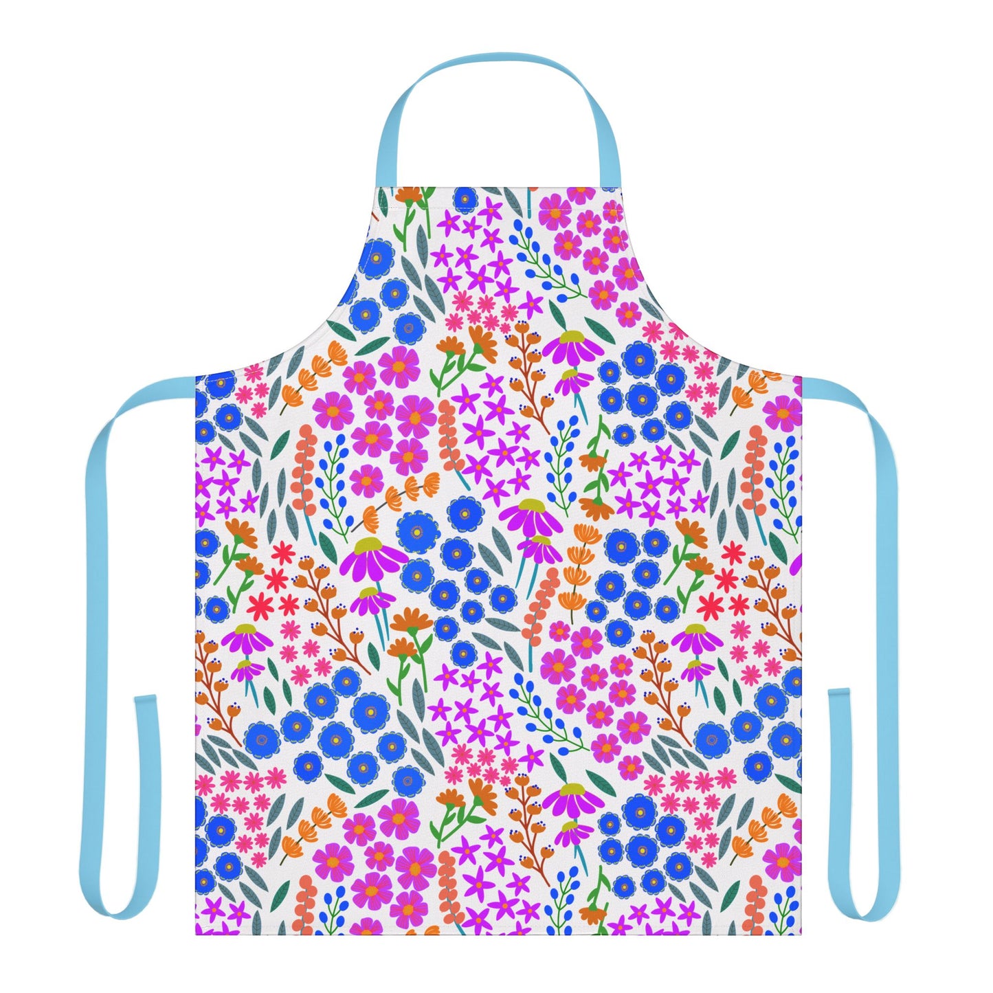 Floral Apron with vibrant wildflower print and light-blue straps, offering full coverage. Made from soft, stain-free polyester canvas, it combines comfort and style, perfect for cooking or crafting.