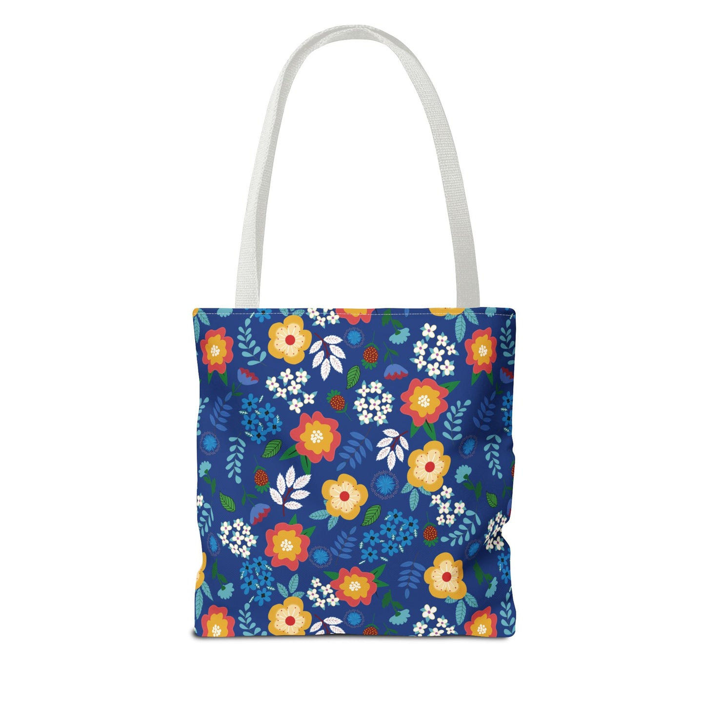 Floral Tote Bag with colorful blossoms on a deep blue background, featuring white shoulder straps. Ideal for summer outings, its vibrant design reflects FireBrook Designs' commitment to joy and style.