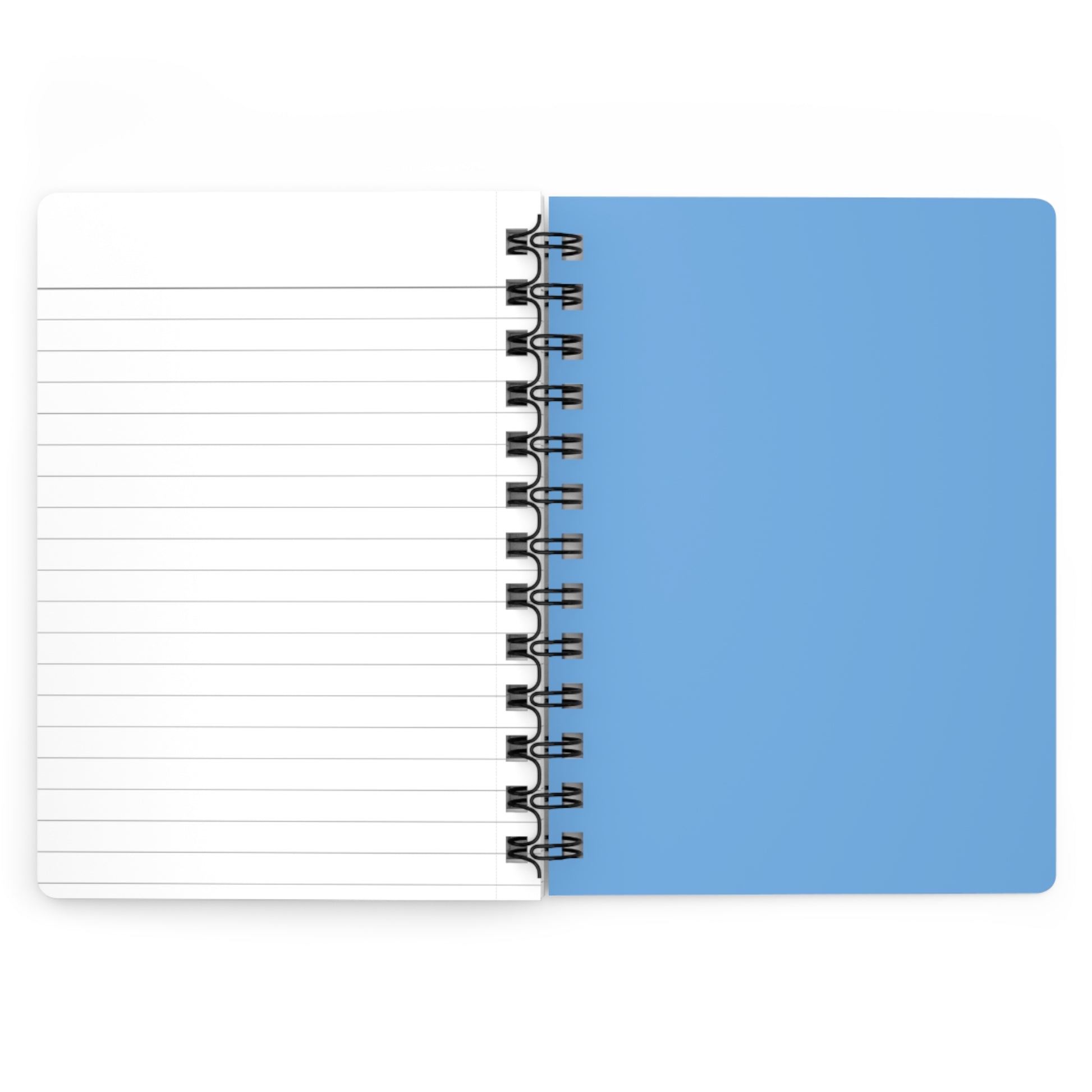 SPIRAL JOURNAL, DURABLE GLOSSY COVER, RULED, 5X7, features an open layout with a white ruled page and a blue cover, joined by a removable black metal spiral for easy handling.
