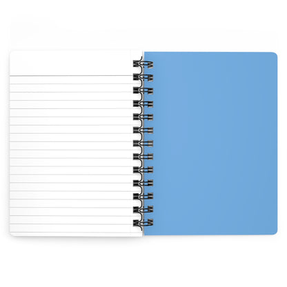 SPIRAL JOURNAL, DURABLE GLOSSY COVER, RULED, 5X7, features an open layout with a white ruled page and a blue cover, joined by a removable black metal spiral for easy handling.