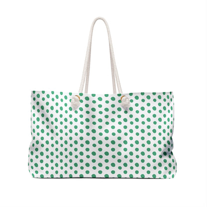 C Weekender Bag Green Polka Dots Travel Tote showcases a playful white and green polka dot design, perfect for stylish, joyful getaways. Features sturdy rope handles and spacious interior for easy access.