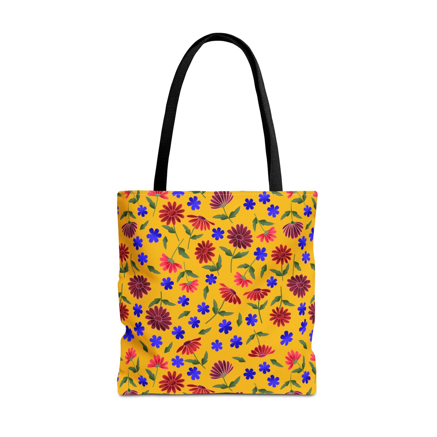 Golden Wildflower Tote Bag: A vibrant mustard-yellow tote with black straps, adorned with red and magenta blooms, and blue flowers, offering cheerful practicality for everyday errands and stylish carrying.