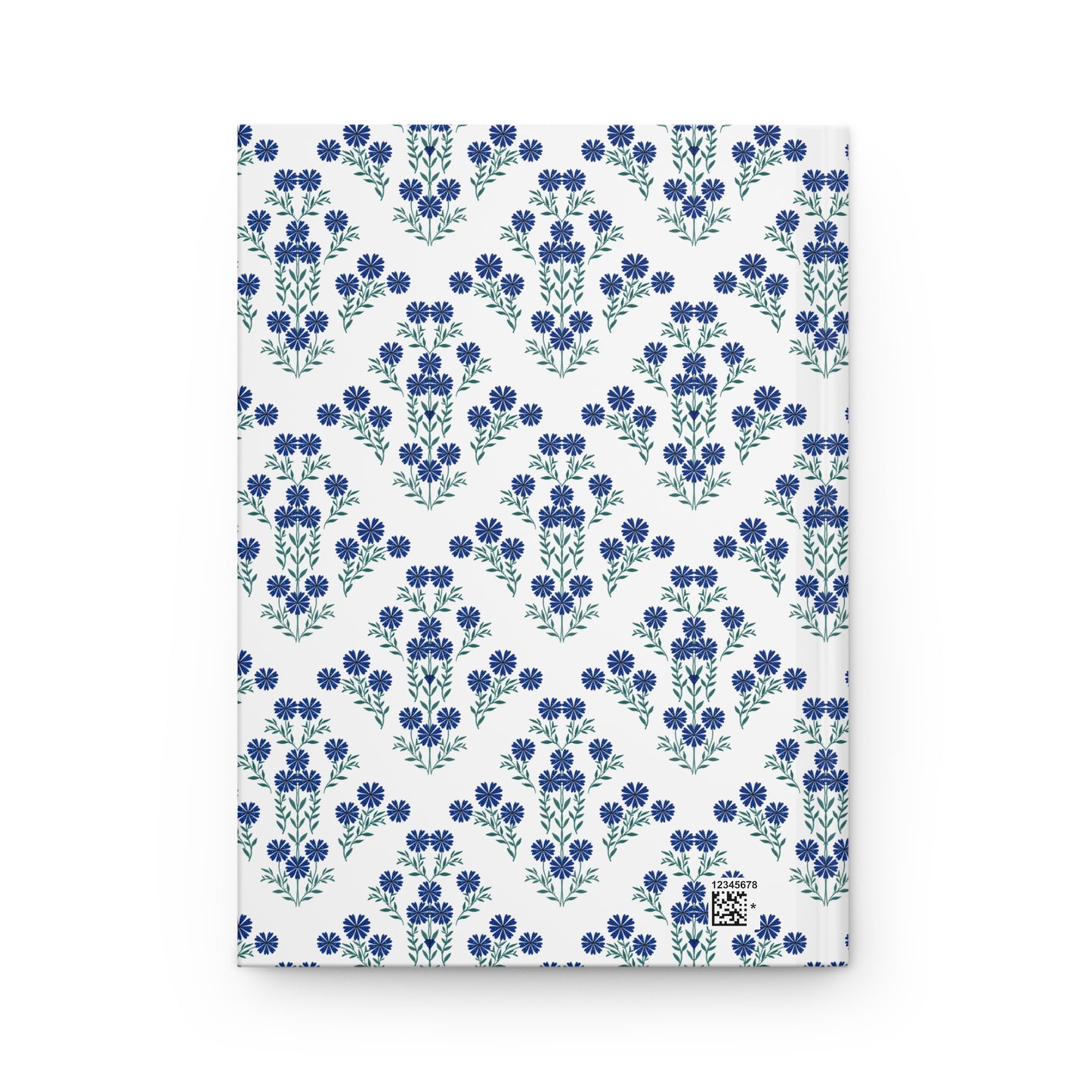 HARDCOVER JOURNAL, MATTE, RULED, 5X7, SEWN BIND, CLEAN-TEAR PAGES – INDIGO DAISY: Back cover features a pattern of small blue flowers and a discreet production barcode in the corner.