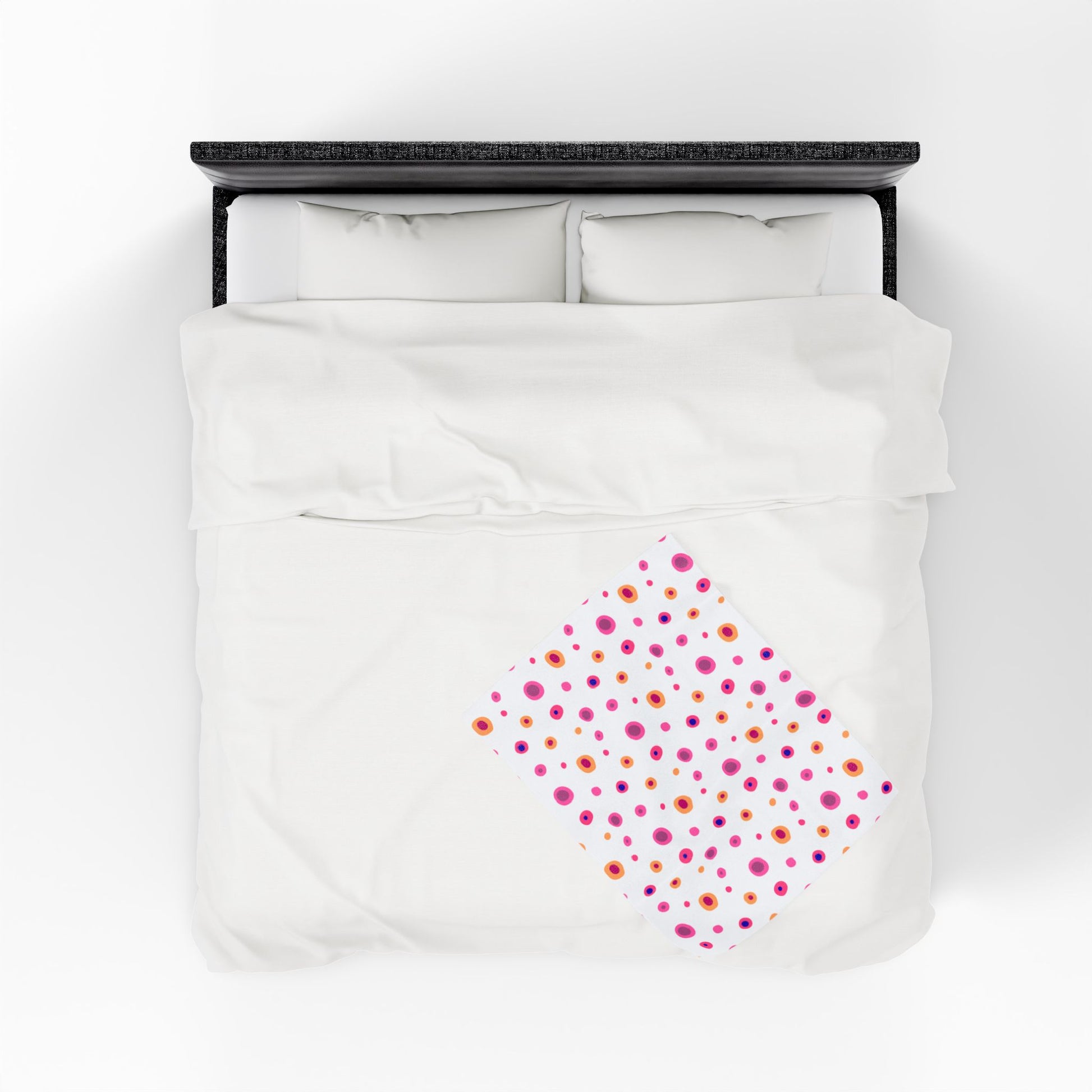 Circles Pink and Yellow (Large) Velveteen Plush Blanket, showcasing a vibrant pattern on one side, offers plush comfort and stylish warmth, perfect for cozy evenings or as a thoughtful gift.