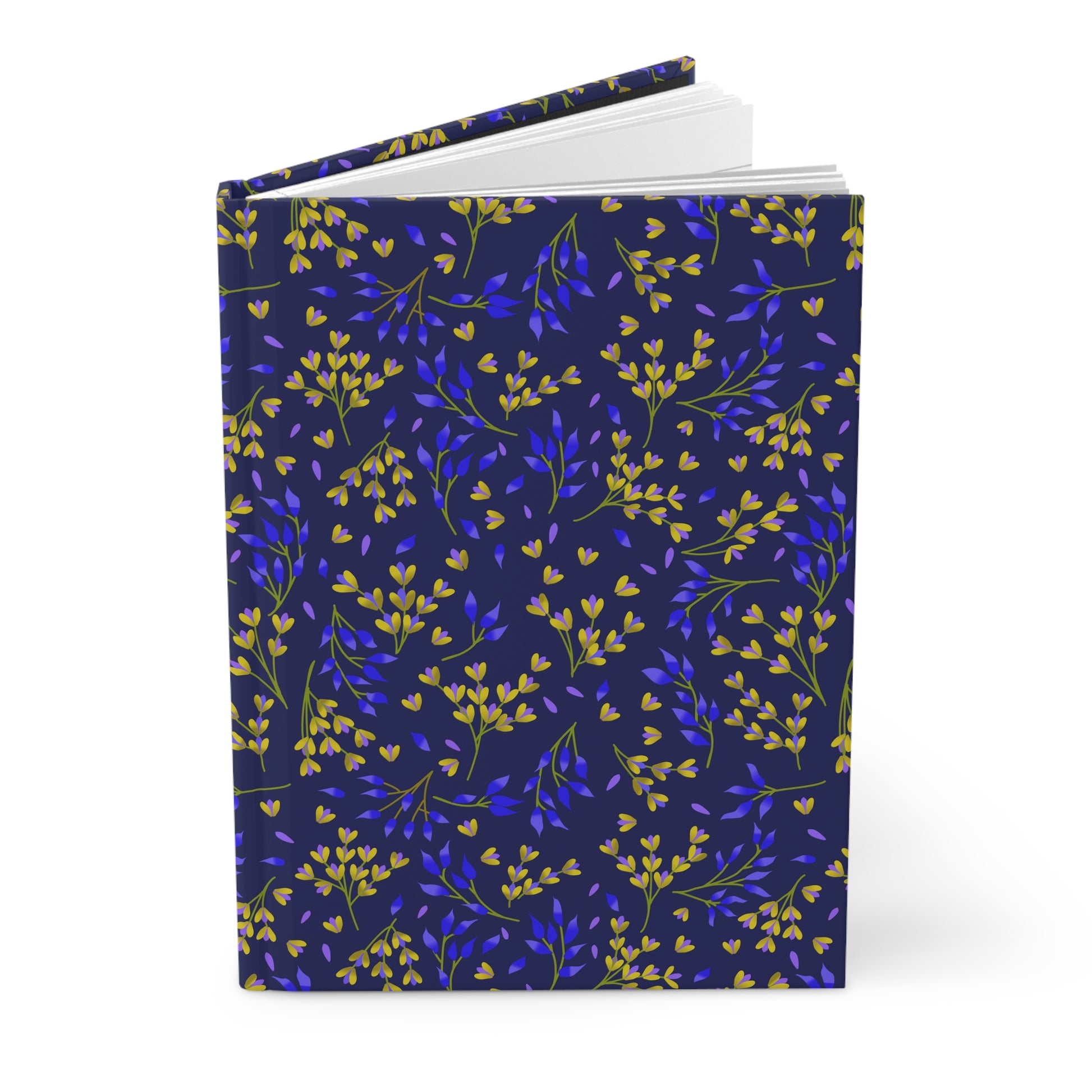 HARDCOVER JOURNAL, MATTE, RULED, 5X7, SEWN BIND, CLEAN-TEAR PAGES – EVENING BRANCHES features a navy-blue cover with delicate floral patterns, showcasing plain white pages inside, ideal for joyful note-taking.