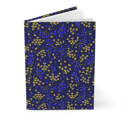 HARDCOVER JOURNAL, MATTE, RULED, 5X7, SEWN BIND, CLEAN-TEAR PAGES – EVENING BRANCHES features a navy-blue cover with delicate floral patterns, showcasing plain white pages inside, ideal for joyful note-taking.