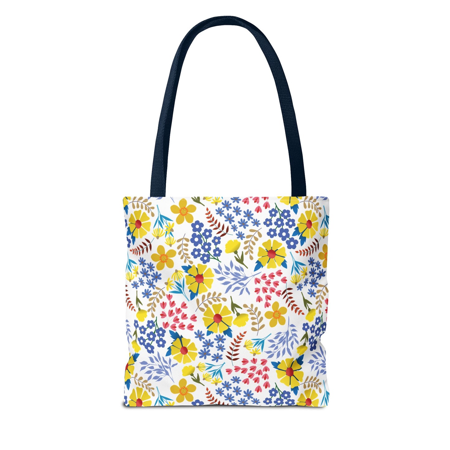Floral Tote Bag with navy handles and a vibrant floral pattern on a white background, perfect for summer outings. Designed by FireBrook Essentials for a joyful and stylish accessory.