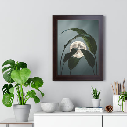 Vertical Moon and Tropical Leaves Poster features a full moon partially hidden by large tropical leaves, creating a serene, dreamlike atmosphere. Ideal for nature lovers and moon enthusiasts, enhancing any room's tranquility.