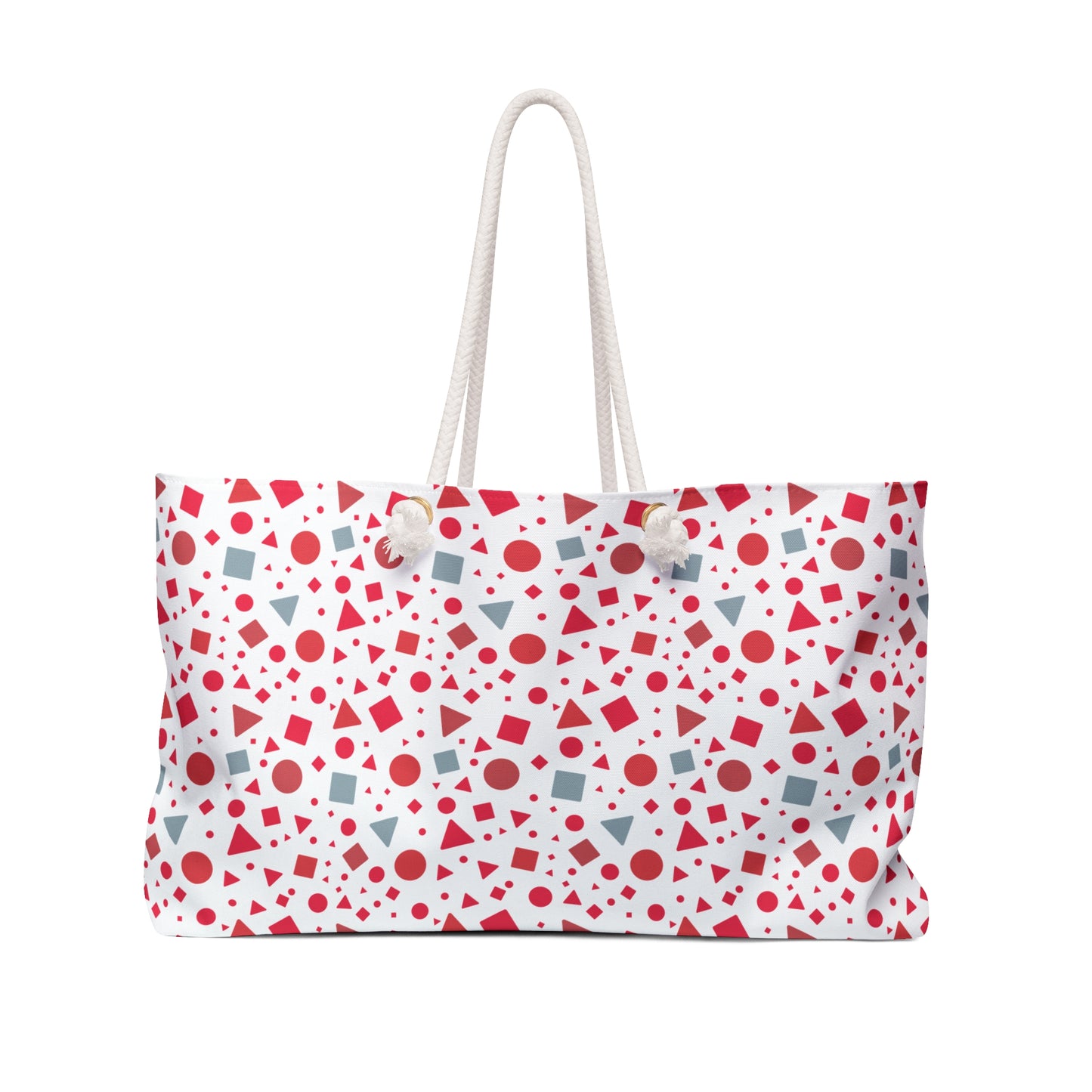 Geometric Pattern Weekender Bag – Red & Light Blue Modern Travel Tote with bold geometric designs and sturdy rope handles, offering ample space and style for weekend getaways or gym use.