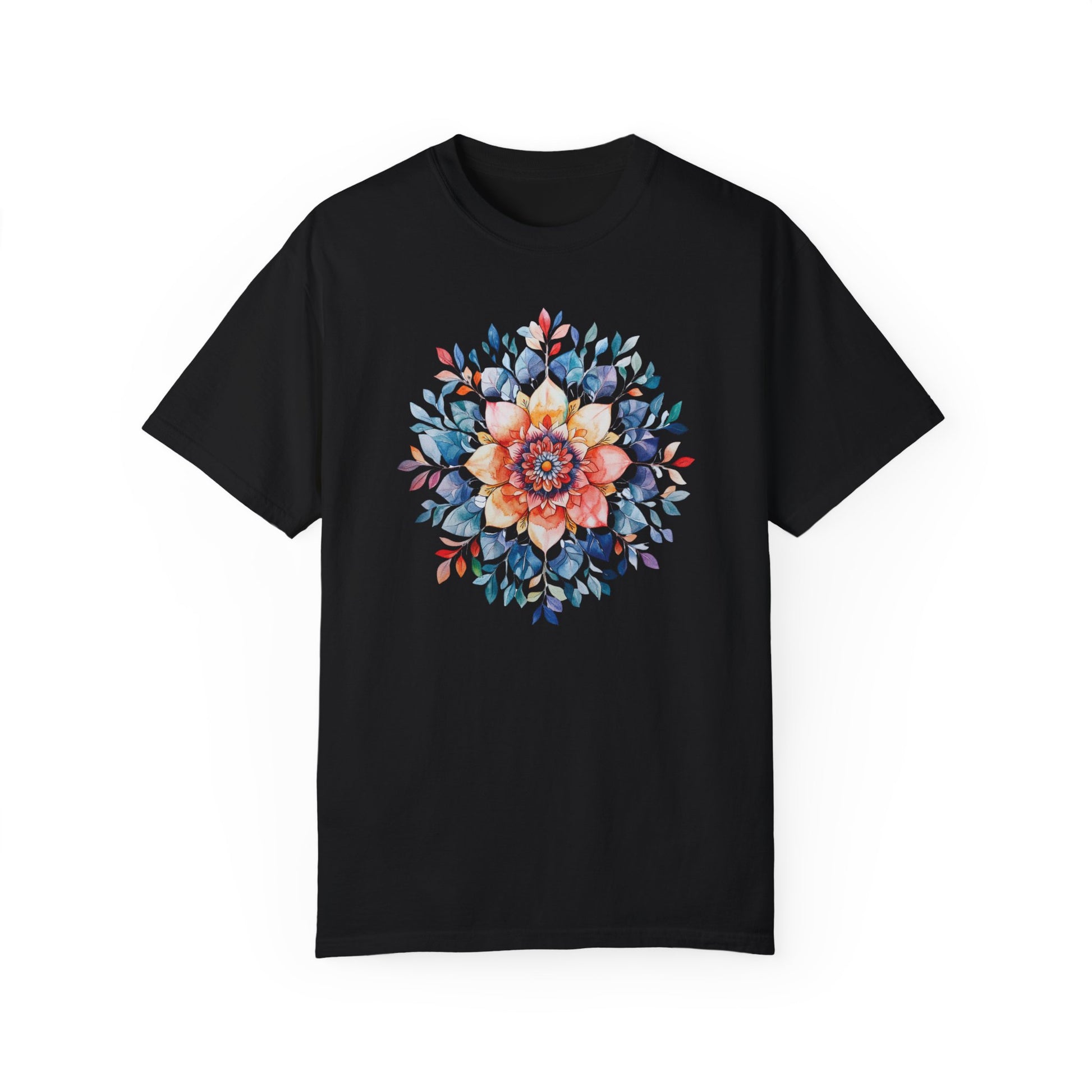 black unisex t-shirt featuring a detailed watercolor floral mandala design with shades of blue, orange, and pink. The intricate botanical pattern radiates from the center, creating a soft, artistic, and nature-inspired aesthetic