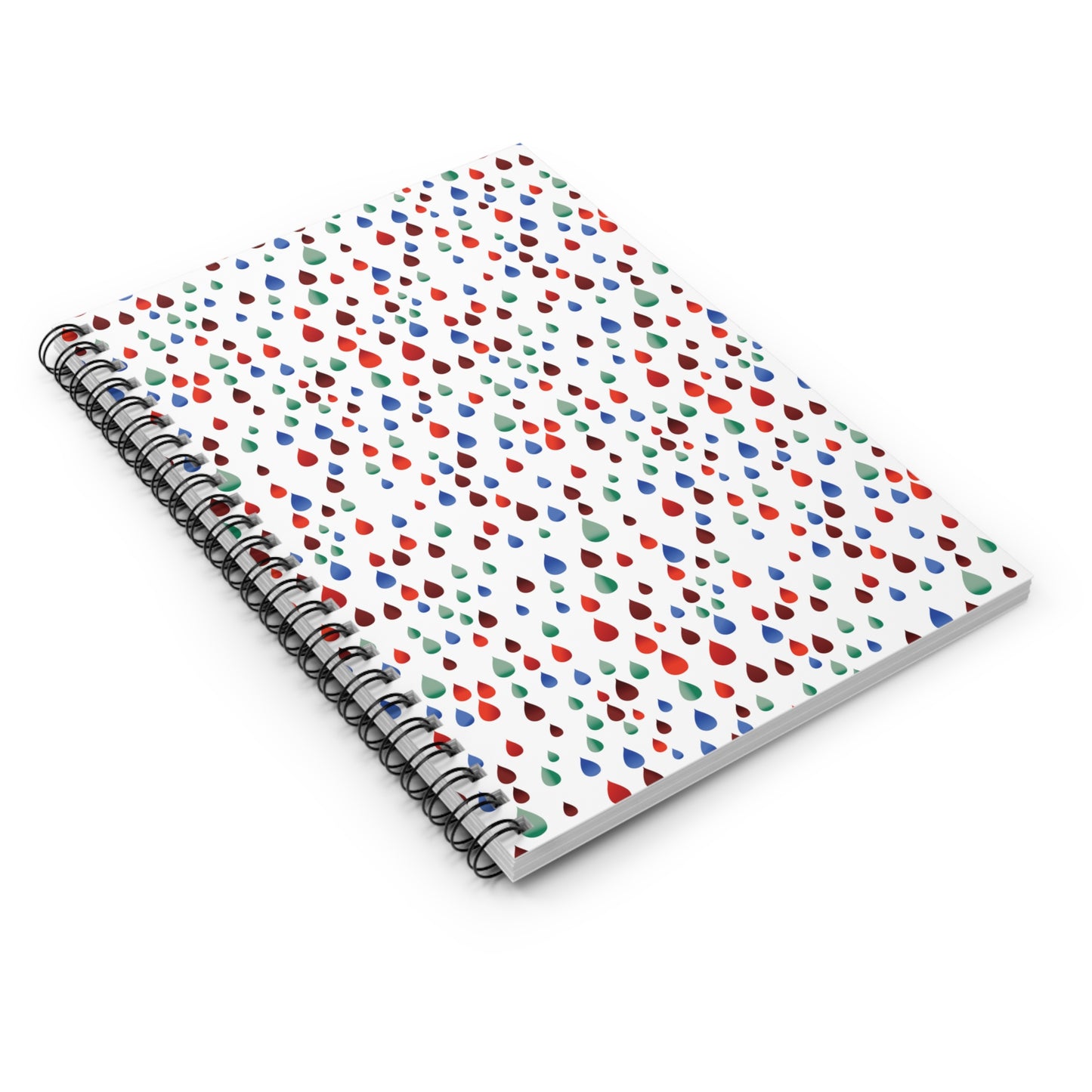 Raindrops Spiral Notebook features a vibrant teardrop pattern on a white cover with black spiral binding, perfect for creative note-taking and sketching, embodying FireBrook Designs' joyful and uplifting style.