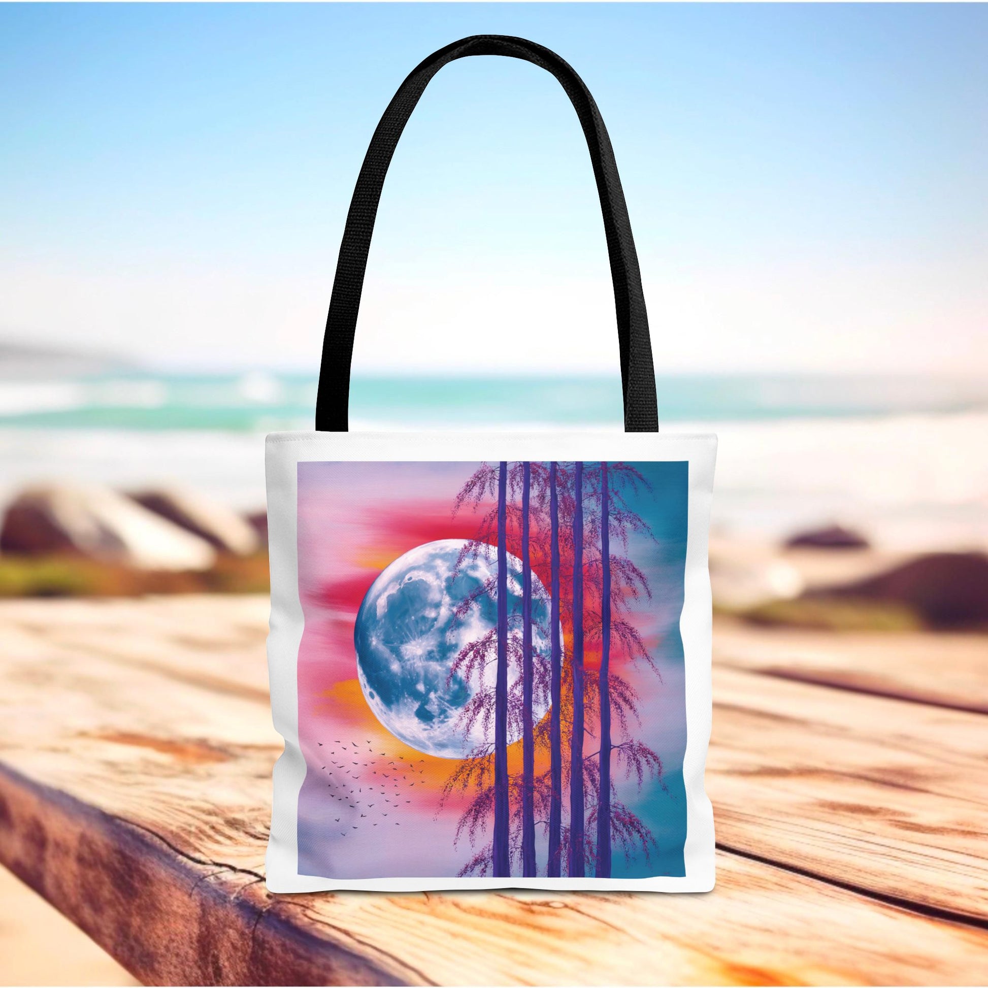 Moonlit Landscape Tote Bag featuring an abstract full moon and tree scene, perfect for nature enthusiasts. Ideal for everyday use, this durable bag embodies FireBrook Essentials' commitment to stylish, uplifting designs.