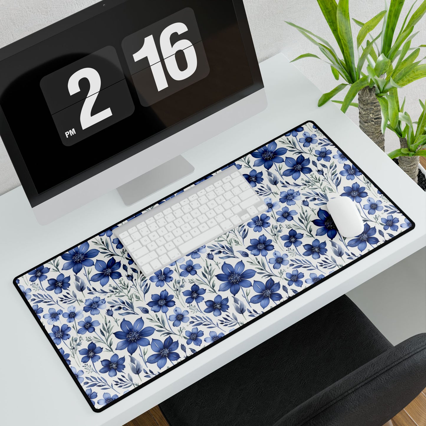 Floral Desk Mat showcasing intricate blue botanical designs, enhances your workspace with style. Ideal home office accessory, computer desk pad, or gift for her from FireBrook Designs.