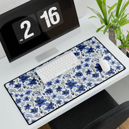 Floral Desk Mat showcasing intricate blue botanical designs, enhances your workspace with style. Ideal home office accessory, computer desk pad, or gift for her from FireBrook Designs.