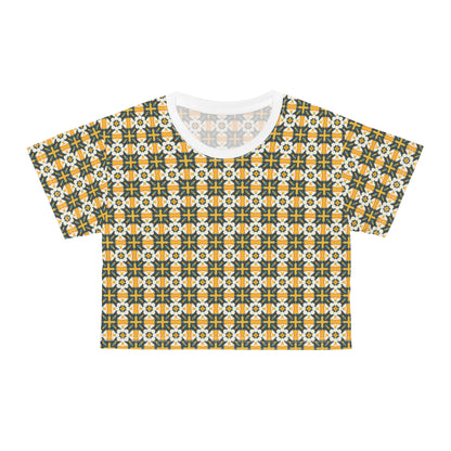 Boho Floral Pattern for Summer Vibes Crop T-Shirt featuring a vibrant white and orange design, ideal for casual outings. This stylish top embodies FireBrook Essentials' uplifting, joyful approach to fashion.