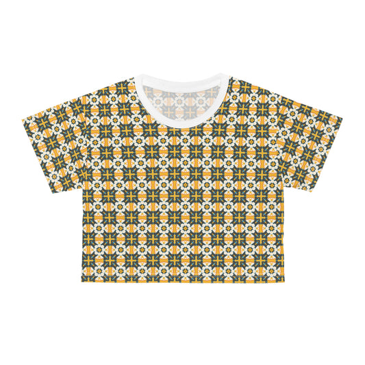 Boho Floral Pattern for Summer Vibes Crop T-Shirt featuring a vibrant white and orange design, ideal for casual outings. This stylish top embodies FireBrook Essentials' uplifting, joyful approach to fashion.