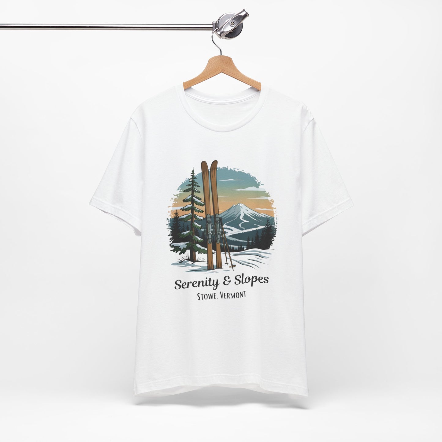 Stowe, Vermont: Serenity & Slopes T-Shirt, featuring a retail fit and detailed sleeve and neck label designs, embodies the tranquil, stylish essence of FireBrook Essentials' uplifting apparel collection.