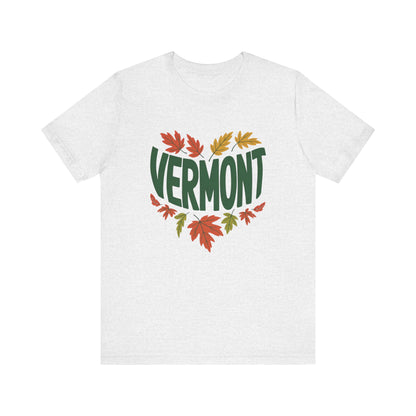 Vermont Love Bella+Canvas Unisex T-Shirt showcasing a relaxed, outdoorsy design, perfect for nature enthusiasts. Features a retail fit with shoulder tape and ribbed knit collar for stability, exemplifying FireBrook Essentials' stylish comfort.