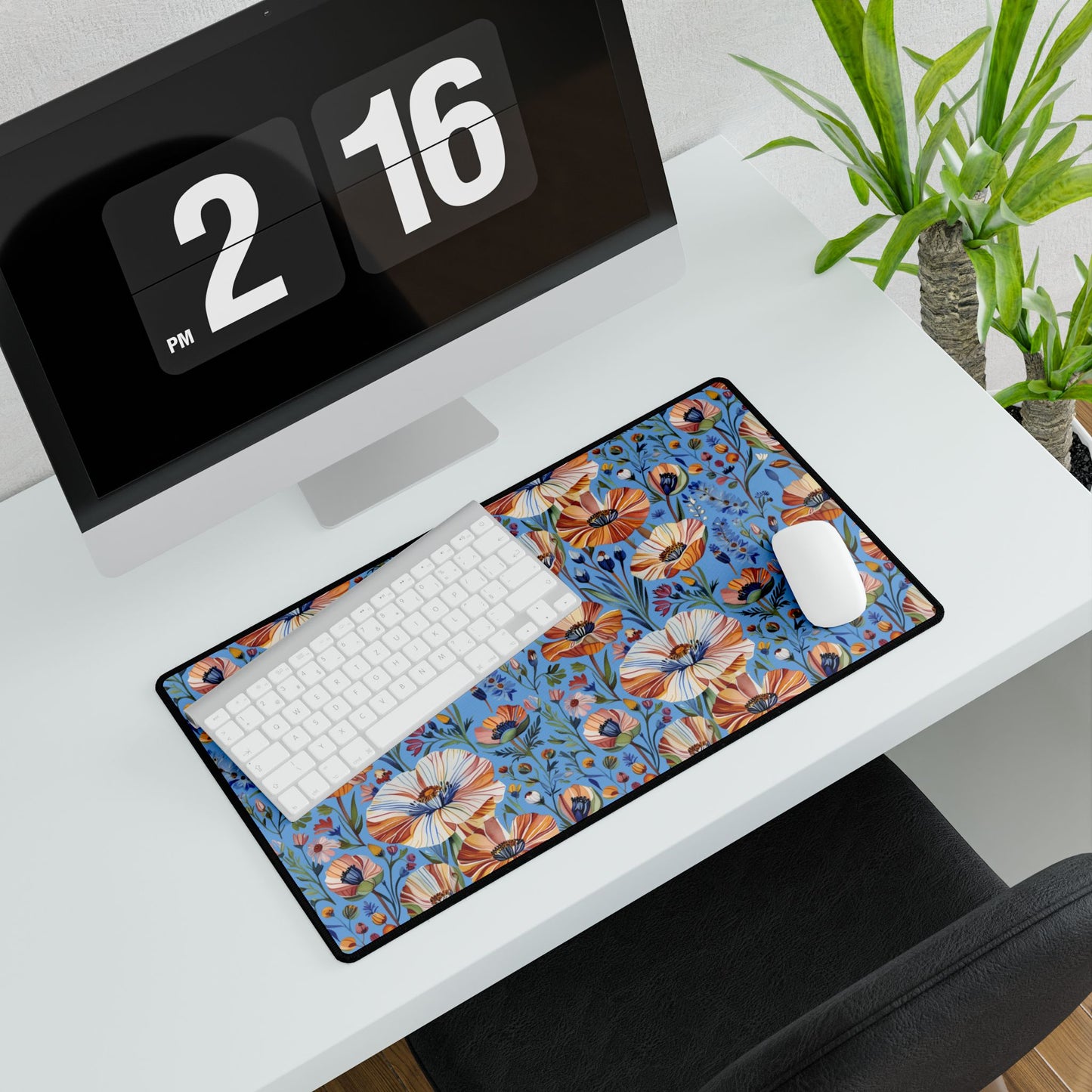 Desk Mats - Spring Wildflowers Poppy Cornflower Iris Design adorns a minimalist workspace, highlighting a vibrant floral mouse pad beneath a sleek white keyboard and mouse, adding nature-inspired elegance to your setup.