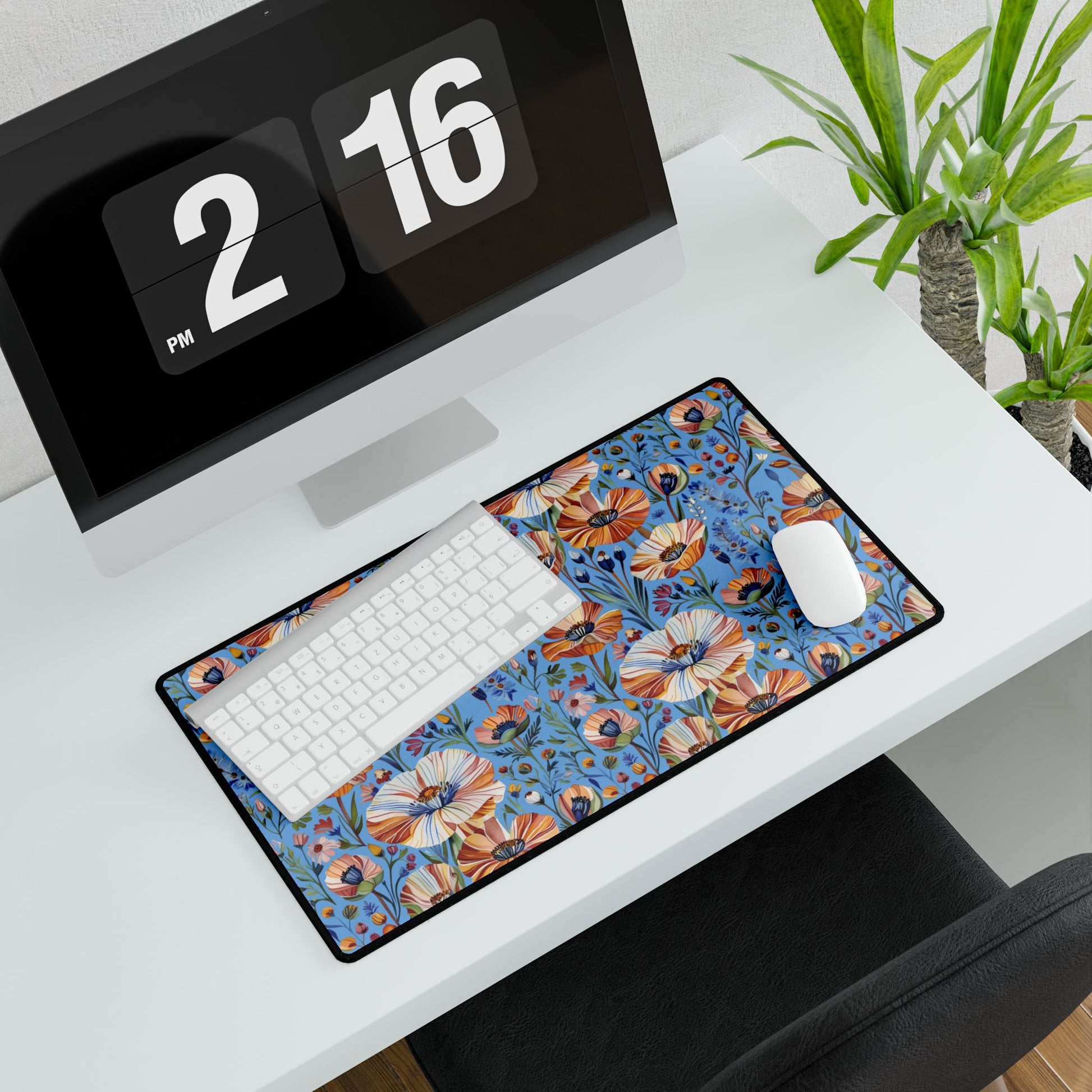 Desk Mats - Spring Wildflowers Poppy Cornflower Iris Design adorns a minimalist workspace, highlighting a vibrant floral mouse pad beneath a sleek white keyboard and mouse, adding nature-inspired elegance to your setup.