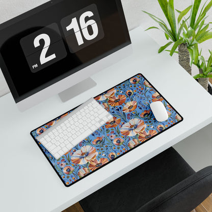 Desk Mats - Spring Wildflowers Poppy Cornflower Iris Design adorns a minimalist workspace, highlighting a vibrant floral mouse pad beneath a sleek white keyboard and mouse, adding nature-inspired elegance to your setup.