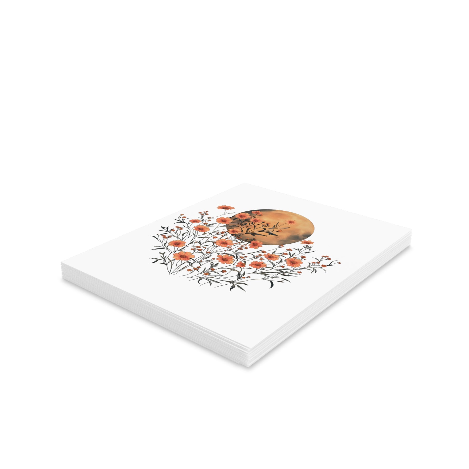Moon Greeting Cards — Pack of 8/16/24: A stack of art cards featuring orange blossoms entwined with a watercolor moon, ideal for sending thoughtful messages. Comes with matching envelopes, perfect for joyful expressions.